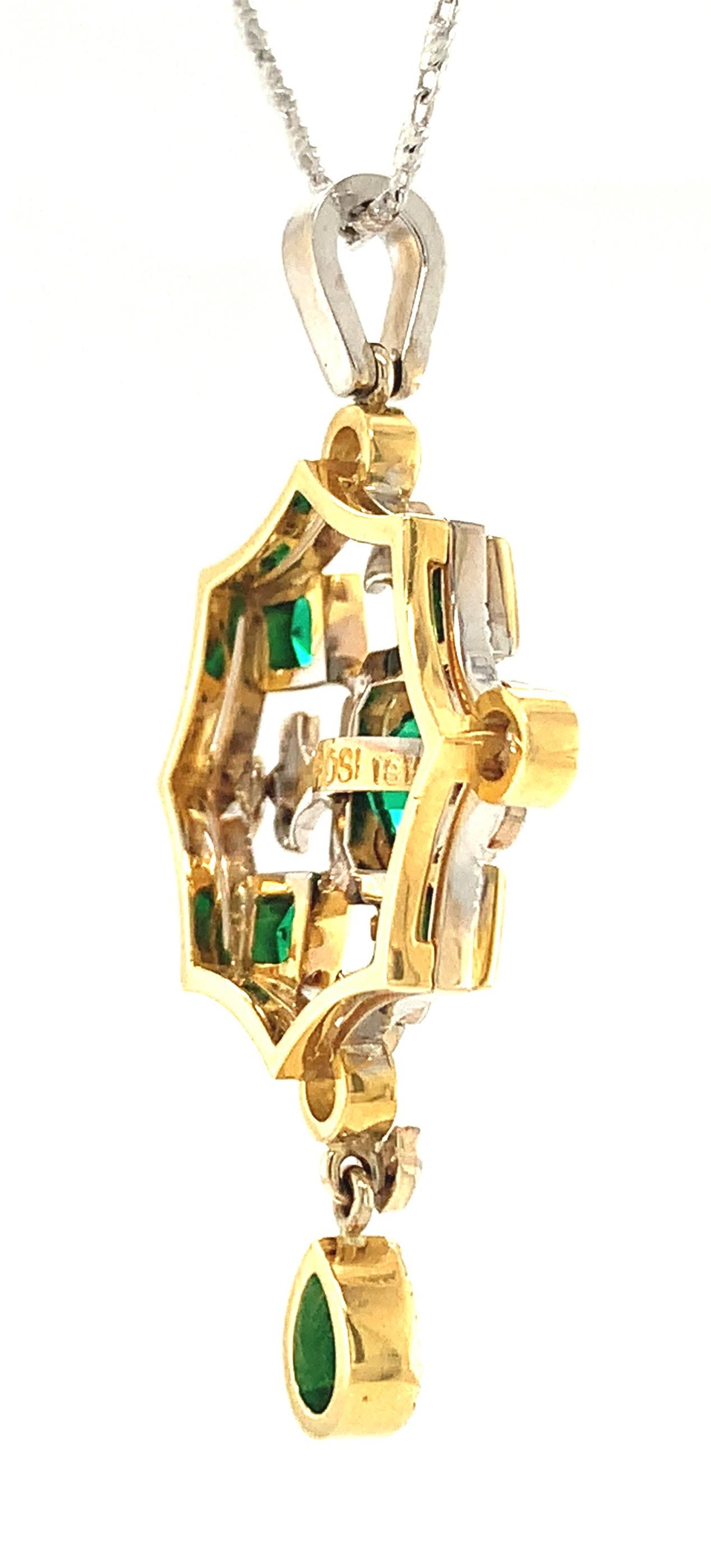 Emerald and Diamond Renaissance Inspired Necklace in 18k White and Yellow Gold For Sale 4