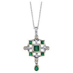 Emerald and Diamond Renaissance Inspired Necklace in 18k White and Yellow Gold