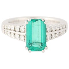Emerald and Diamond Ring, 18 Karat White Gold Solitaire with Accents 3.21 Carat