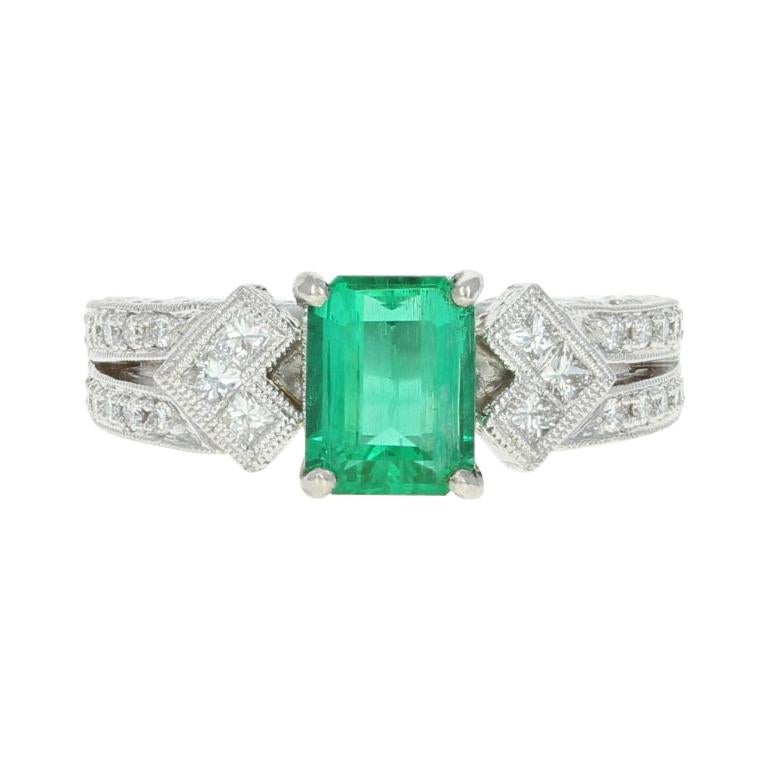 Emerald and Diamond Ring, 900 Platinum, Women's 1.53 Carat