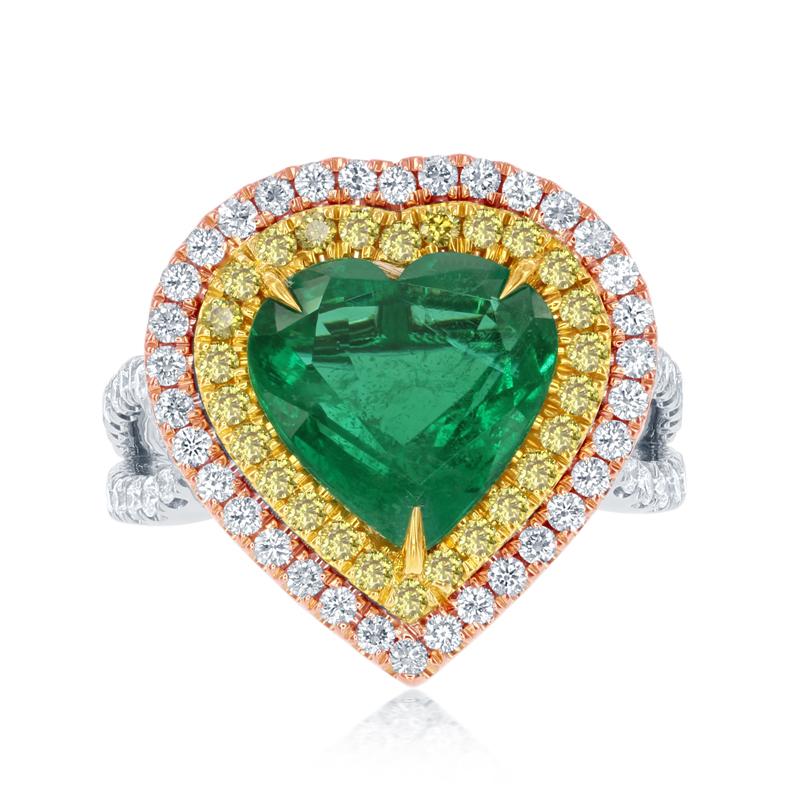 An enchanting heart-shape emerald in yellow, pink, and white gold, with vibrant yellow and white diamonds.
Item:	# 02484
Setting:	18K W/Y/P
Lab:	C.Dunaigre
Color Weight:	3.48 ct. of Emerald
Diamond Weight:	1.57 ct. of Diamonds