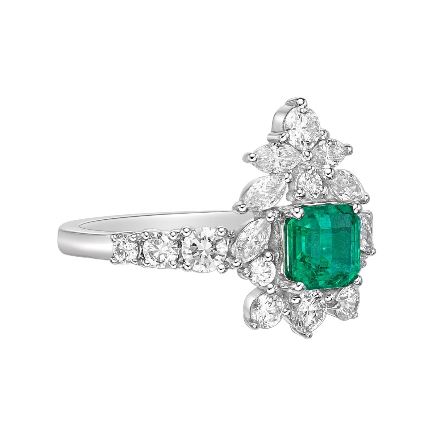 Octagon Cut Emerald and Diamond Ring & Earring Set in 18 Karat White Gold