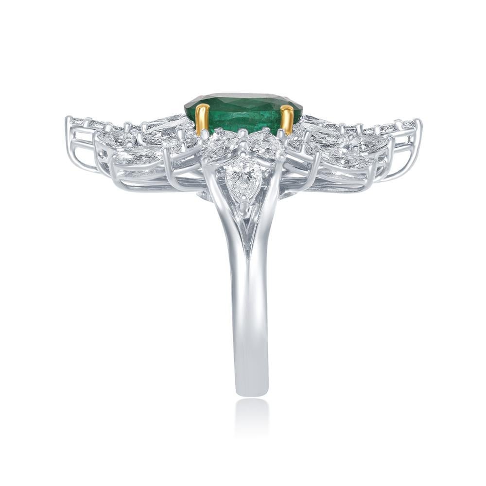 18k White Gold 3.41ct Emerald And 3.17ct Diamond Ring
A rich oval emerald sits amongst round, pear and marquise shaped
diamonds in a substantial white gold setting.
Item: # 03032
Metal: 18k W
Lab: C.dunaigre
Color Weight: 3.41 ct.
Diamond Weight: