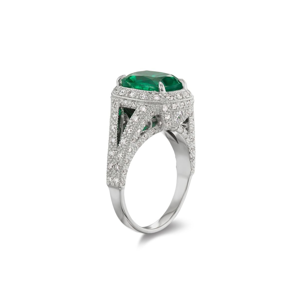 18k White Gold 3.20ct Emerald And .96ct Diamond Ring
Dive deep into the luscious green color of this beautiful 3 ct Emerald
surrounded in a halo setting of round shaped diamonds
Item: # 03868
Metal: 18k White Gold
Color Weight: 3.20 ct.
Diamond