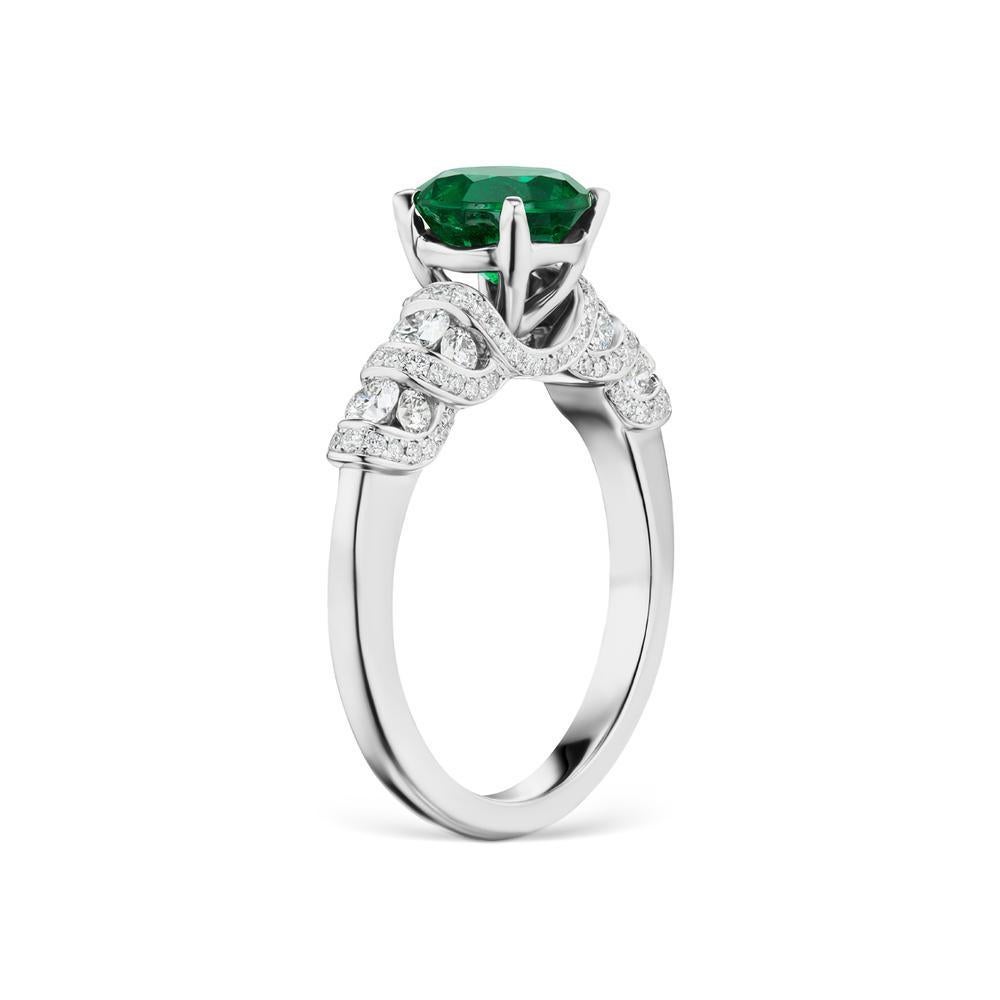 18k White Gold  1.33 ct Emerald and 0.72 ct Diamond Ring

A luxurious emerald sits in the center of a beautiful and elaborate
diamond setting.
Item: # 02700
Metal: 18k W
Color Weight: 1.33 ct.
Diamond Weight: 0.72 ct.