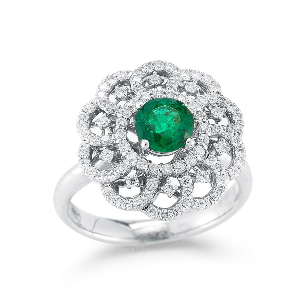 18k White Gold .89ct Emerald and .65ct Diamond Ring

A pretty little Emerald is surrounded by a fancy wave shaped halo of
diamonds
Item: # 02160
Metal: 18k W
Color Weight: 0.89 ct.
Diamond Weight: 0.65 ct.