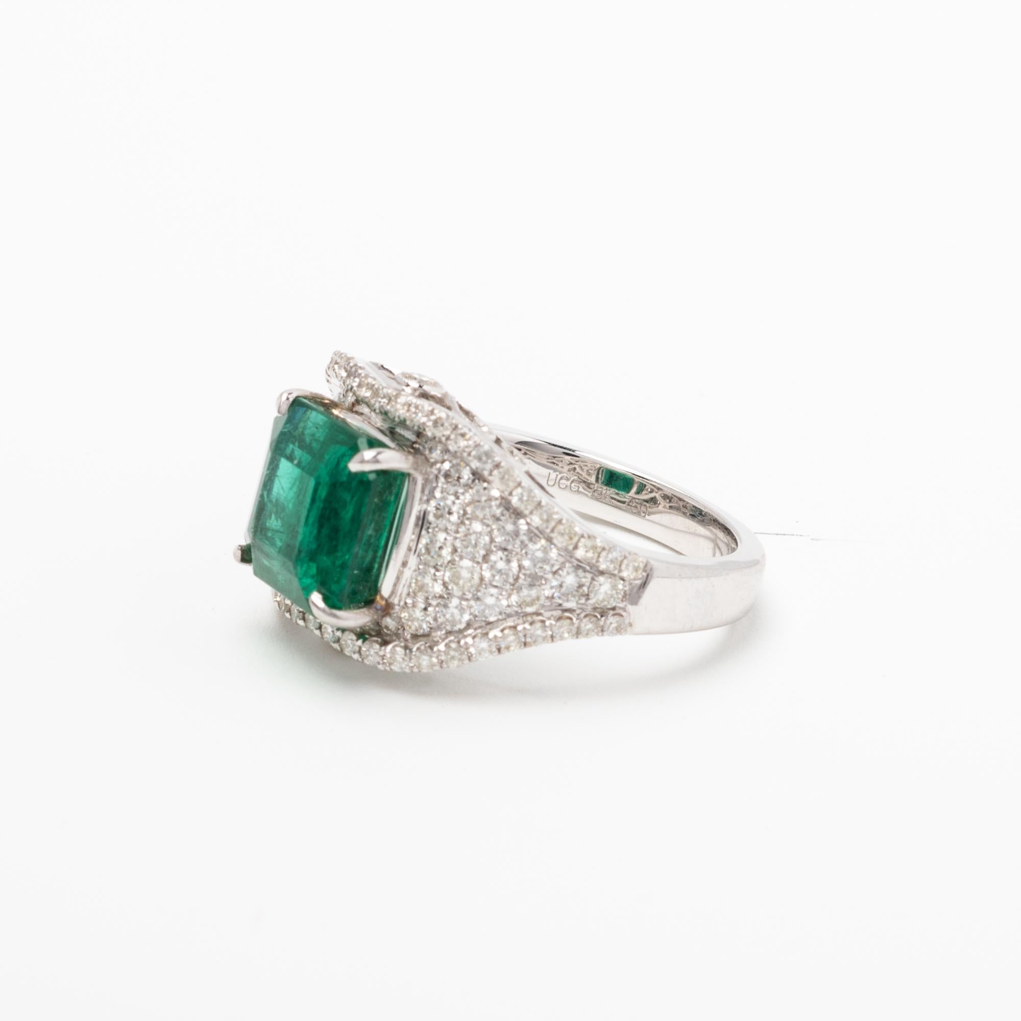 
Emerald and Diamond Ring 
centered by an emerald cut emerald weighing approximately 3.78 cts, 
set with diamonds weighing approximately 1.08 cts 
mounted in 18kt white gold 
7.70 grams (gross) , size 6 1/2 

accompanied with AIG paperwork