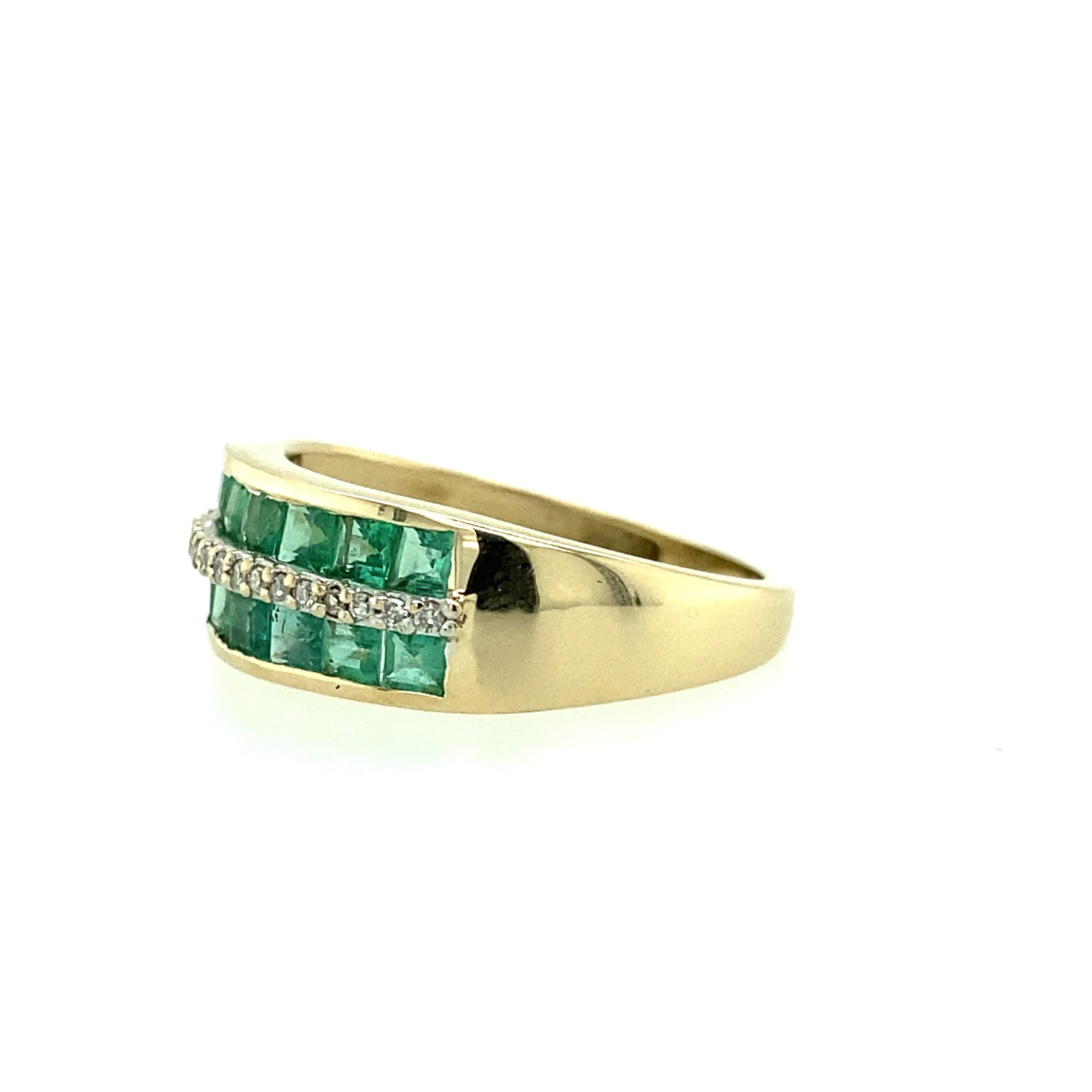 One 14 karat yellow gold (stamped STS 14K) emerald and diamond ring, channel set with sixteen 2mm square cut natural emeralds and eighteen full cut diamonds, 0.10 carat total weight with matching I/J color and I clarity.  The shank measures 6.29mm