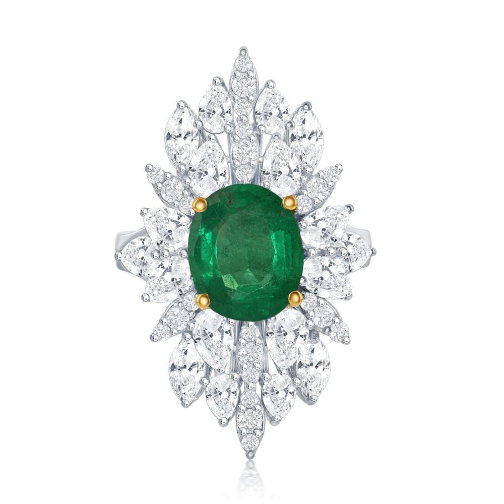 Modern 18k White Gold 3.41ct Emerald And 3.17ct Diamond Ring For Sale