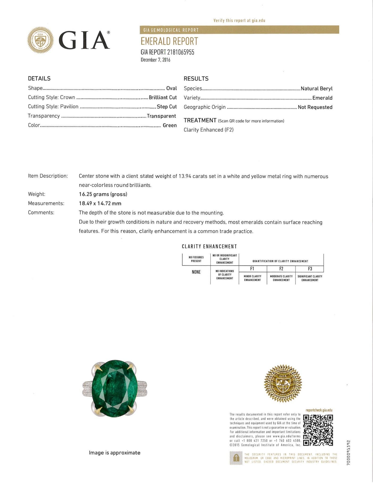 Modern 18k White Gold 13.94ct Emerald and 1.98ct Diamond Ring For Sale