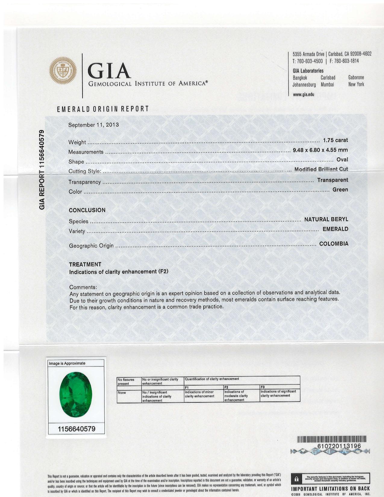 Women's GIA Certified 1.75 Carat Columbian Emerald and Diamond 3-Stone Ring 18k Gold
