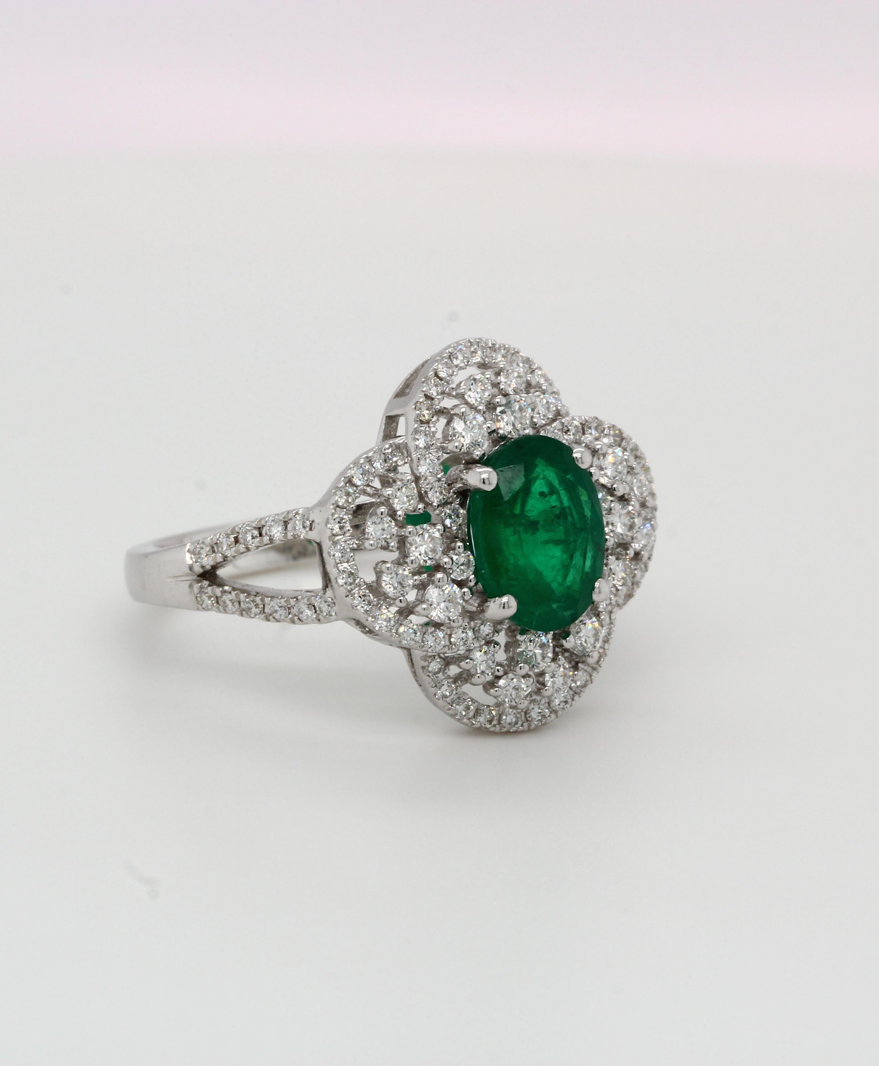 A brand new 18K gold emerald and diamond ring. This ring has a 1.35 carat emerald oval and 0.59 carat diamond  round. This ring is made of 18K white gold and weighs 4.93 grams.

Allure Jewellery Mfg. Co., Ltd. stands out due to its quality,