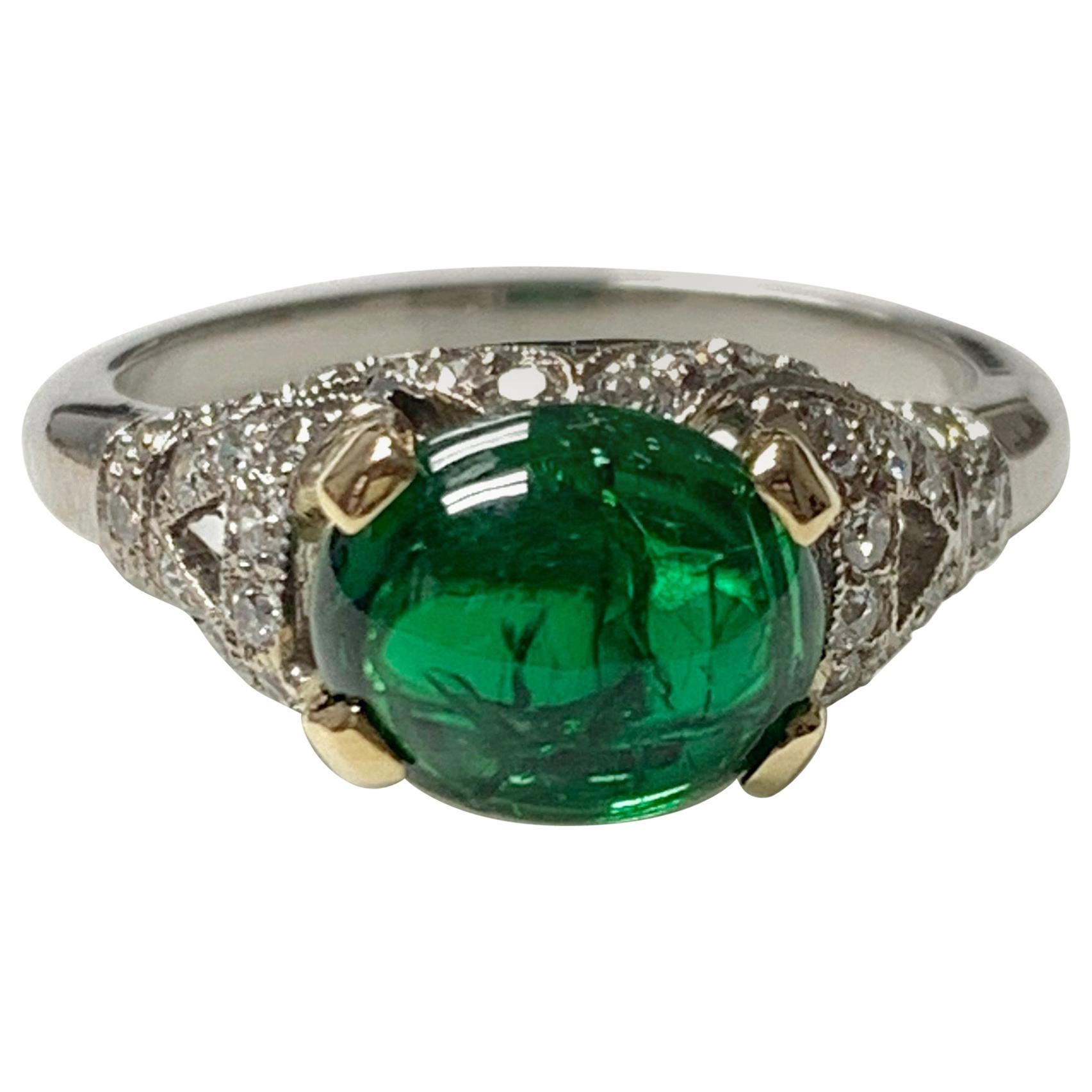 Emerald and Diamond Ring in 18 Karat White Gold For Sale