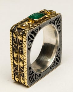 Emerald and Diamond Ring in 18K Gold and Sterling Silver Combination