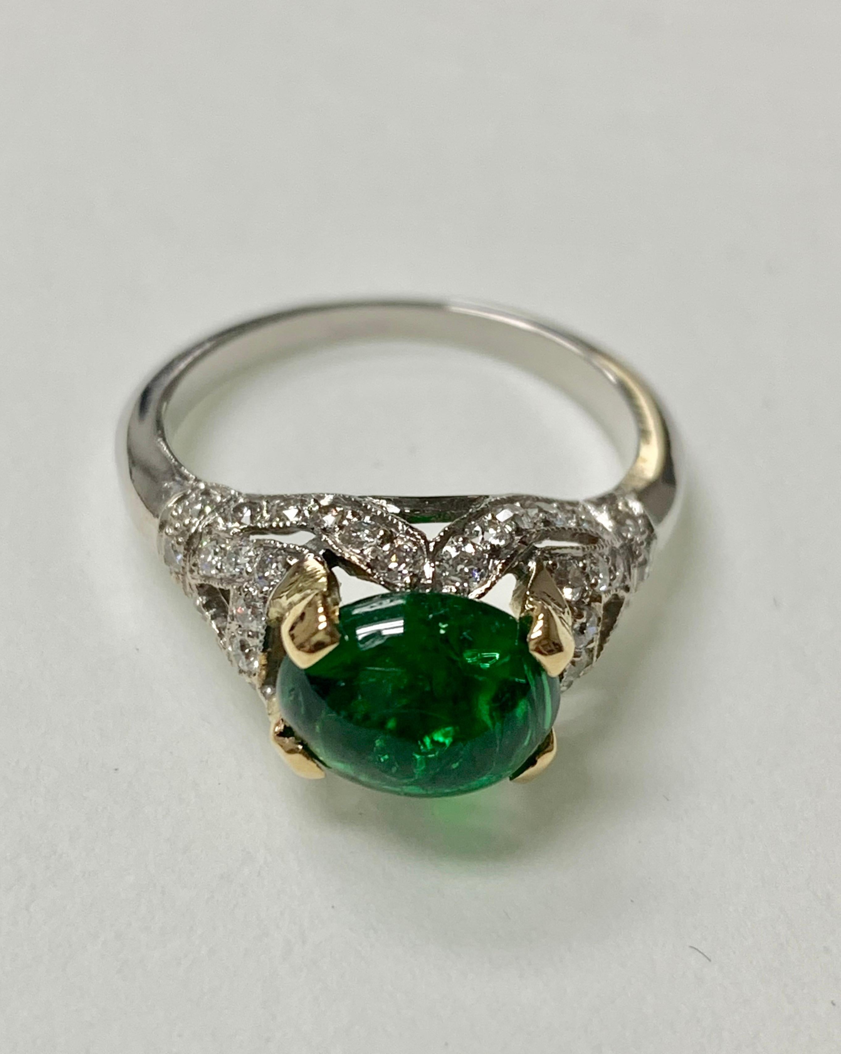 Cabochon Emerald and Diamond Ring in 18 Karat White Gold For Sale