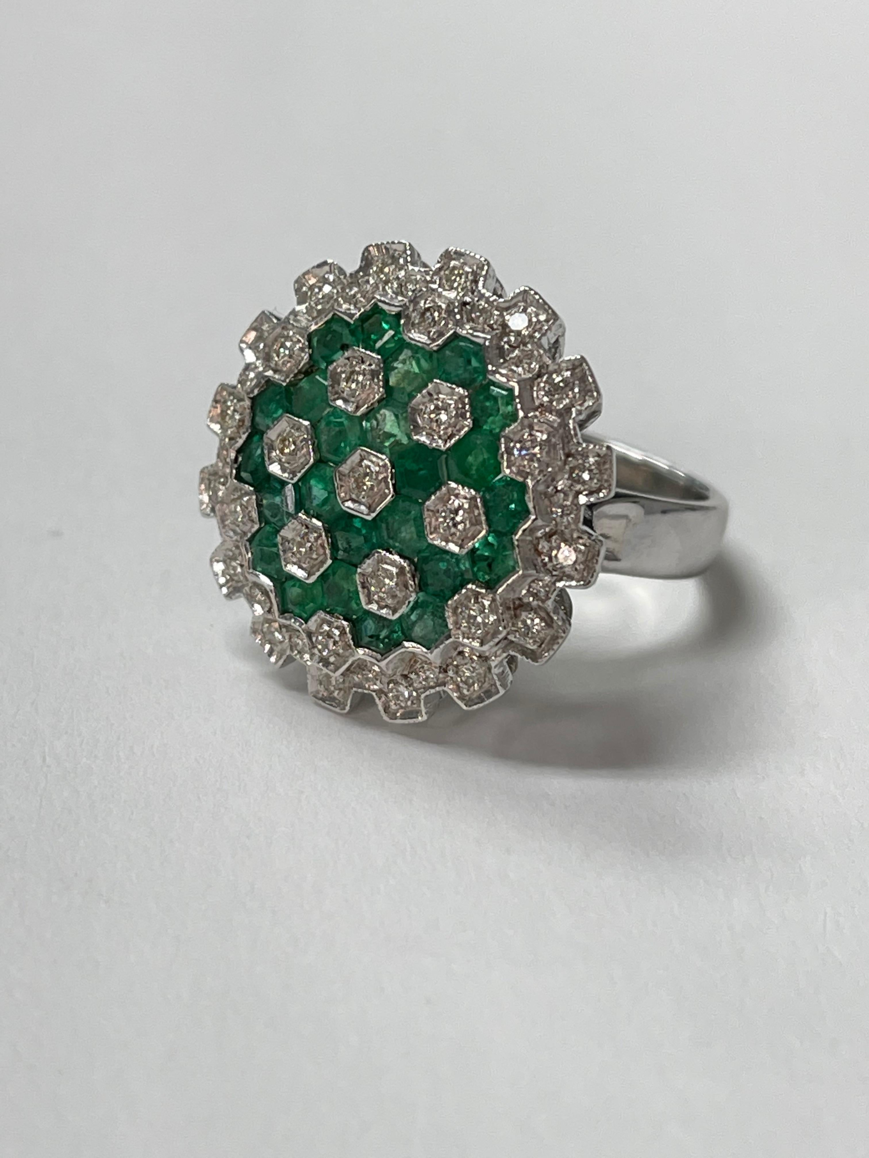 Contemporary Emerald and Diamond Ring in 18K White Gold For Sale
