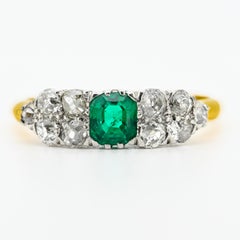 Emerald and Diamond Ring in Platinum and 18K Gold, Early Art Deco Size 9.5