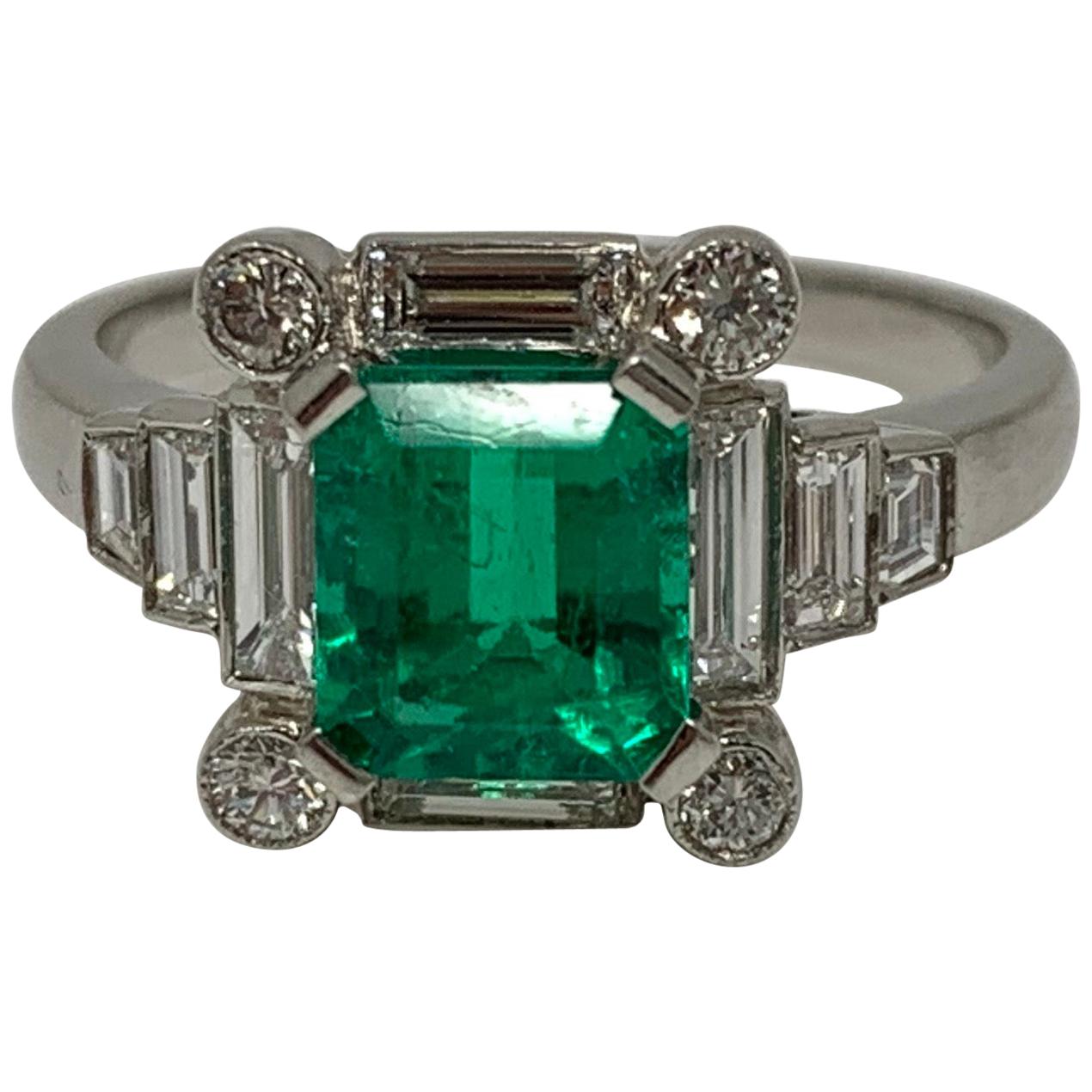 Emerald and Diamond Ring in Platinum For Sale