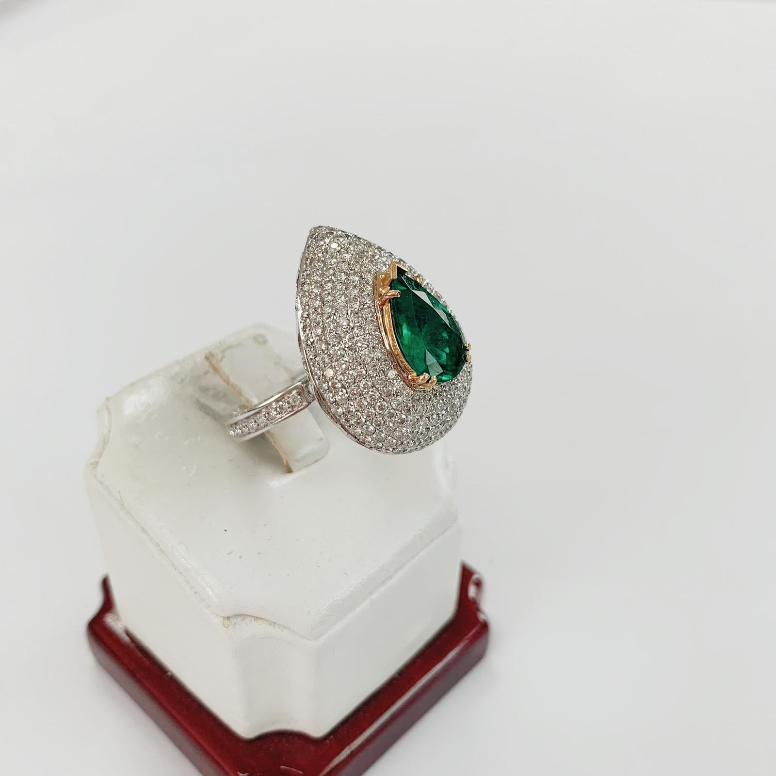 Pear Cut Emerald and Diamond Ring ADJUSTABLE Pendant 18 Karat Gold