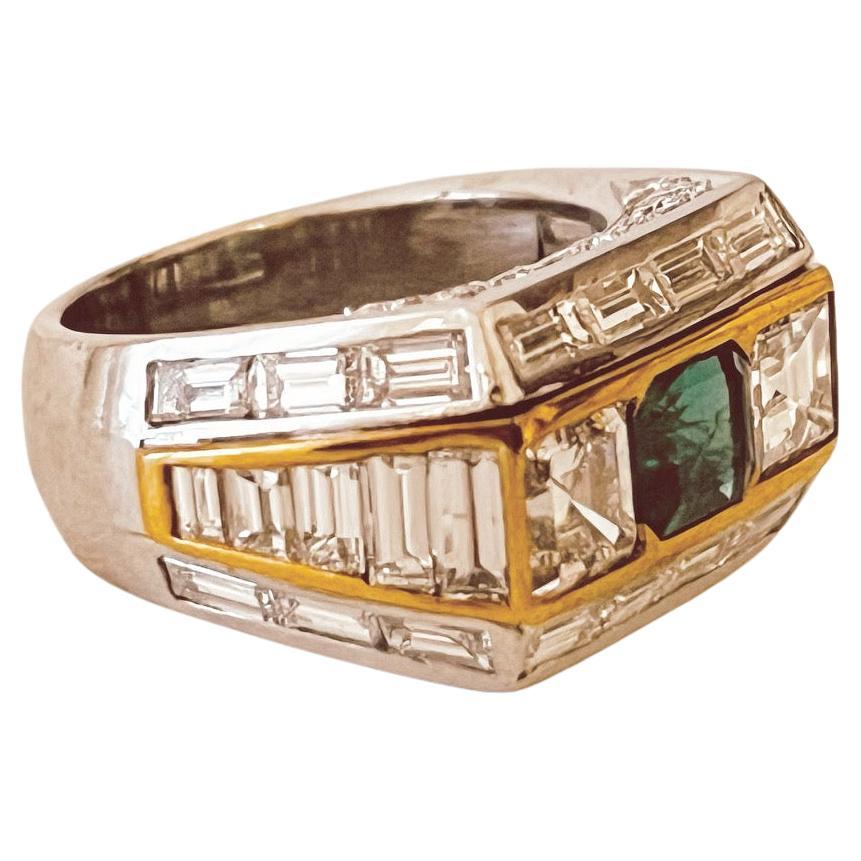 Ring mit Smaragd und Diamanten im Quadratschliff mit zwei Diamanten im Quadratschliff von 1,6 Karat  im Angebot