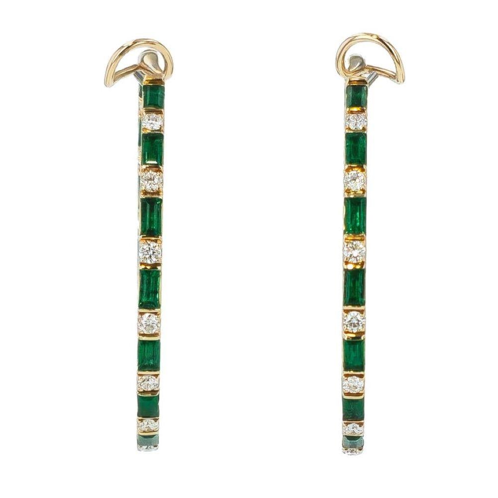 Emerald Cut Emerald and Diamond Rose Gold Hoop Earrings For Sale