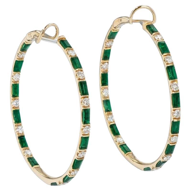Emerald and Diamond Rose Gold Hoop Earrings For Sale