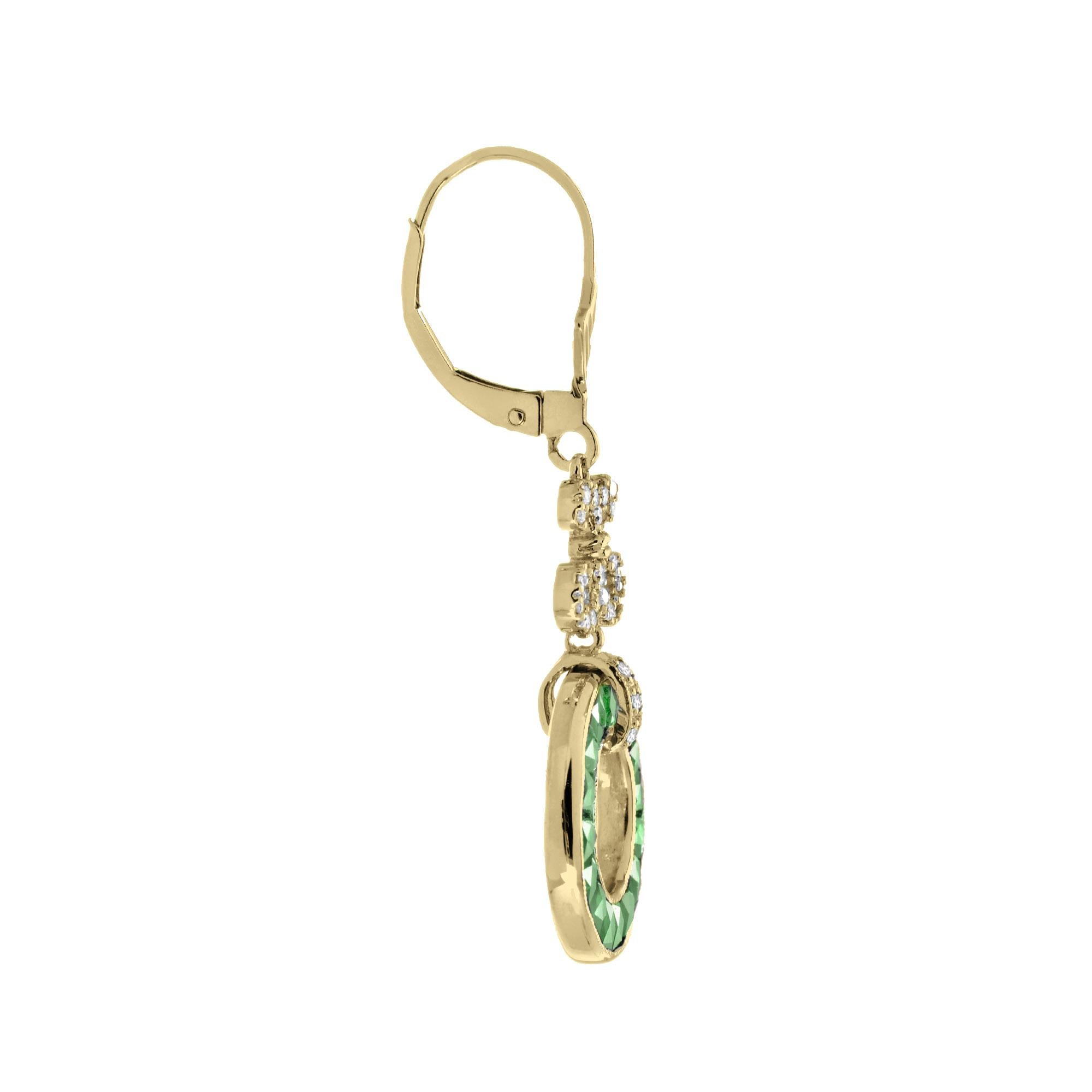 Art Deco Emerald and Diamond Round Openwork Drop Earrings in 18Karat Yellow Gold For Sale
