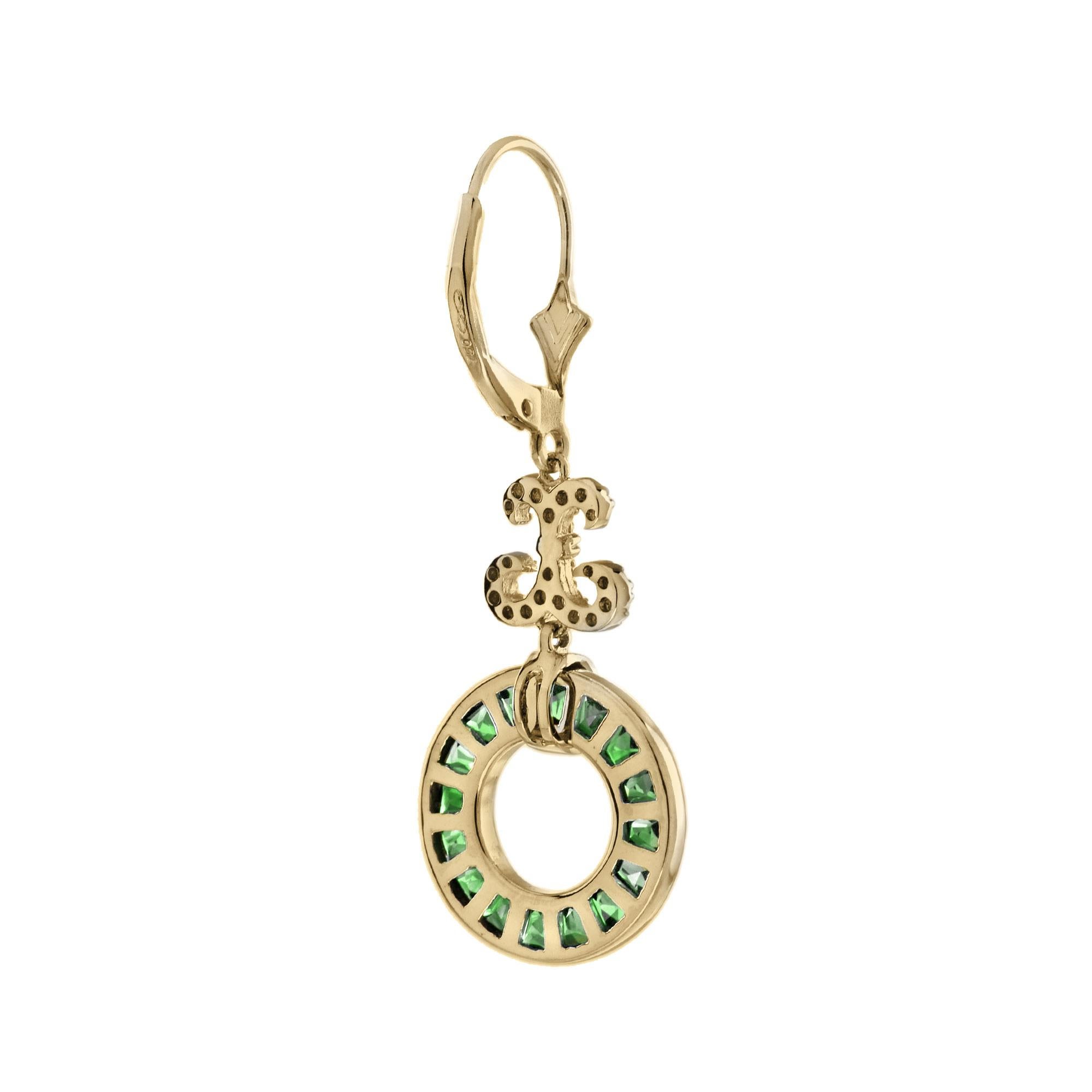 French Cut Emerald and Diamond Round Openwork Drop Earrings in 18Karat Yellow Gold For Sale