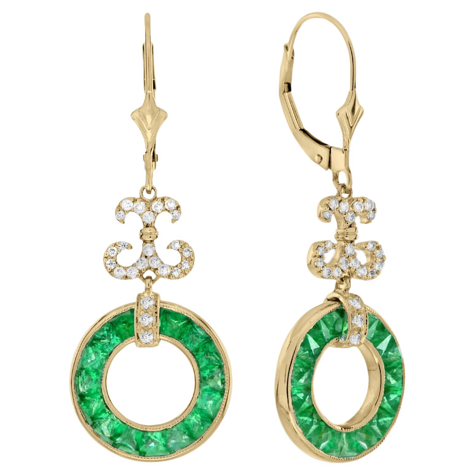 Emerald and Diamond Round Openwork Drop Earrings in 18Karat Yellow Gold For Sale