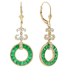 Emerald and Diamond Round Openwork Drop Earrings in 18Karat Yellow Gold