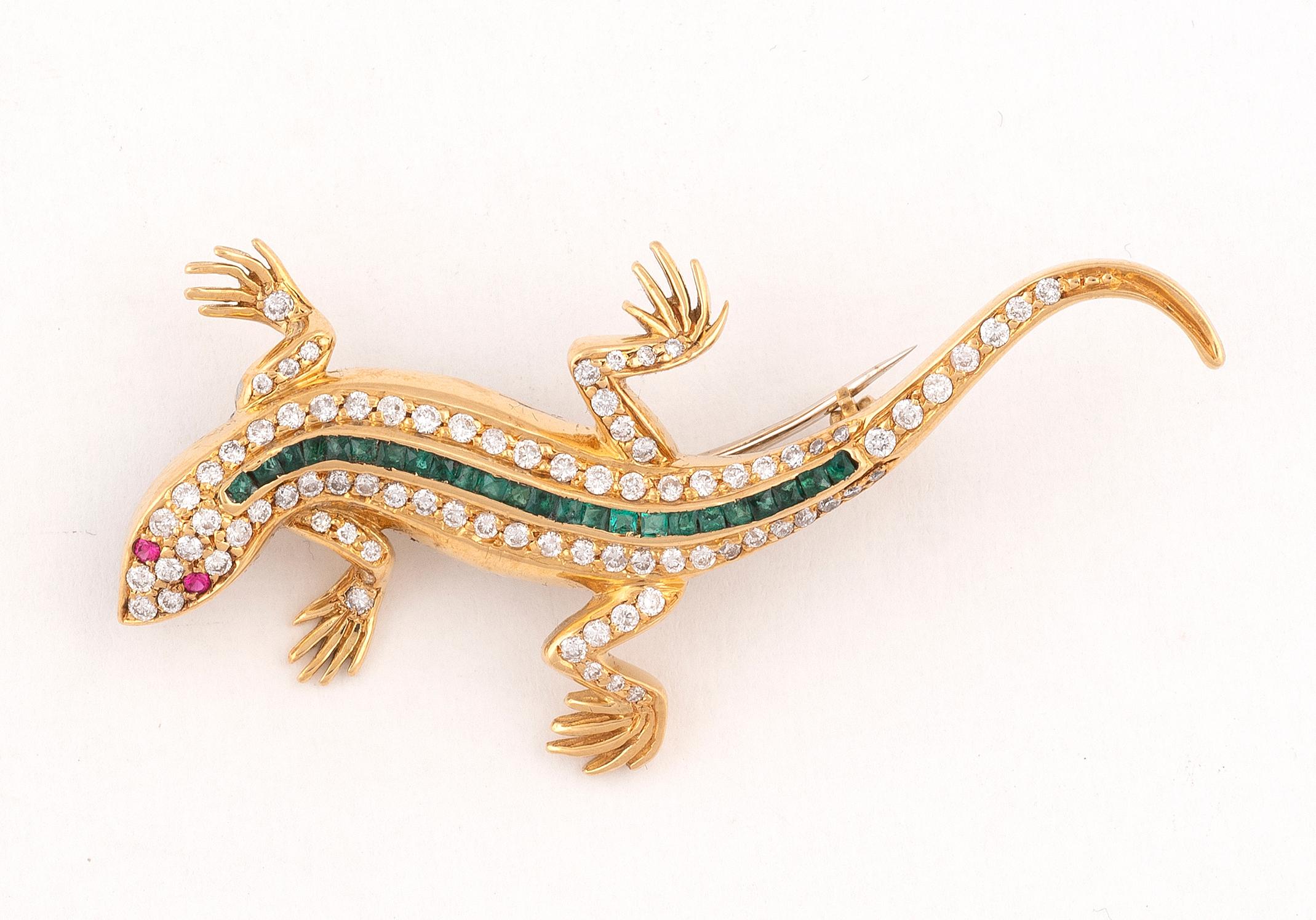 Retro Emerald and Diamond Salamander Brooch