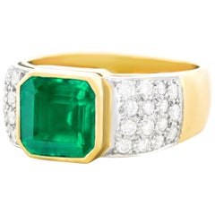 Vintage Emerald and Diamond Set Gold and Platinum Ring