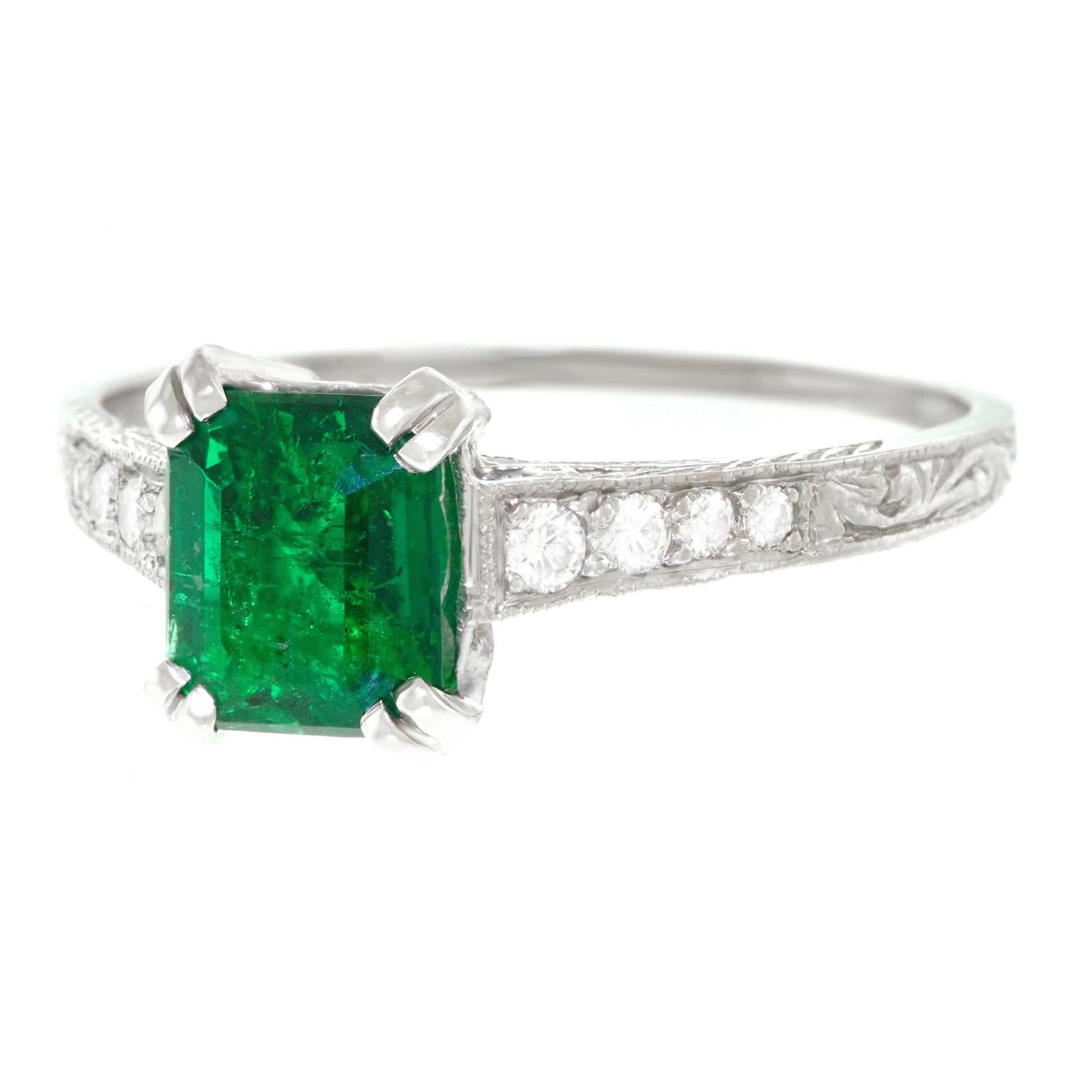 Emerald and Diamond Set Platinum Engagement Ring In Excellent Condition In Litchfield, CT