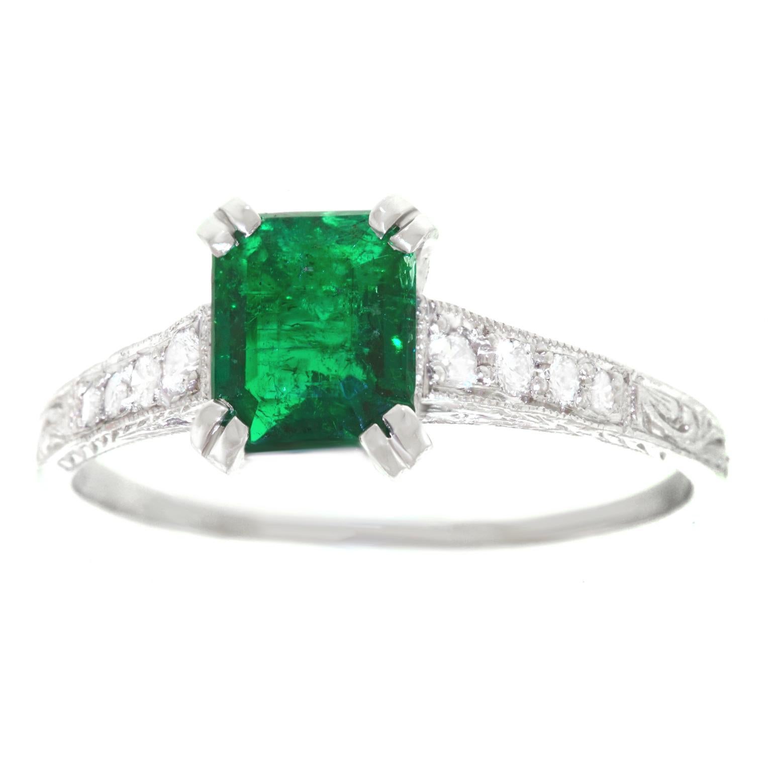 Emerald and Diamond Set Platinum Engagement Ring
