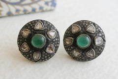 Emerald and Diamond Slice Stud Sterling Silver Earrings