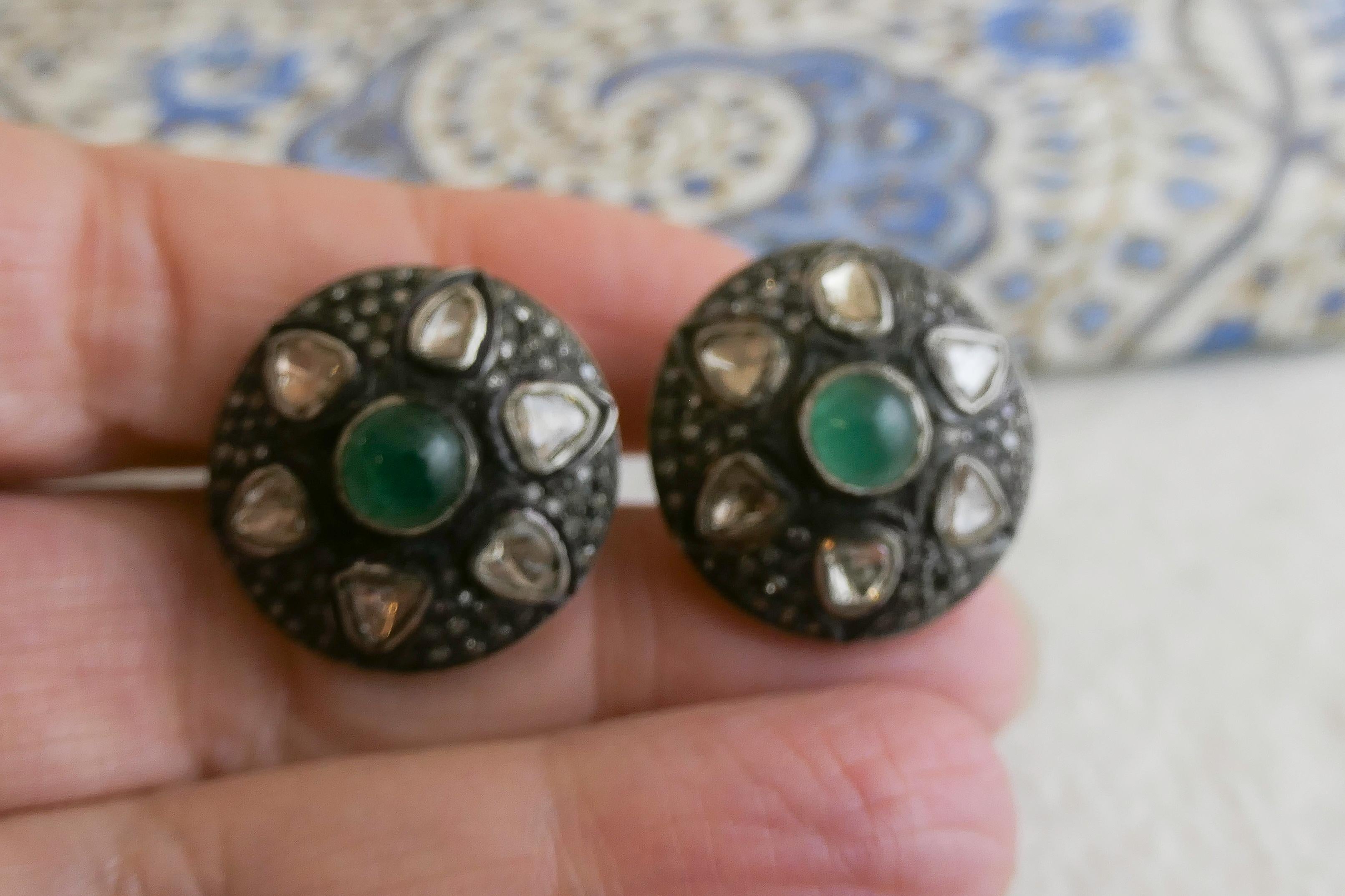 Emerald and Diamond Slice Stud Sterling Silver Earrings For Sale 1
