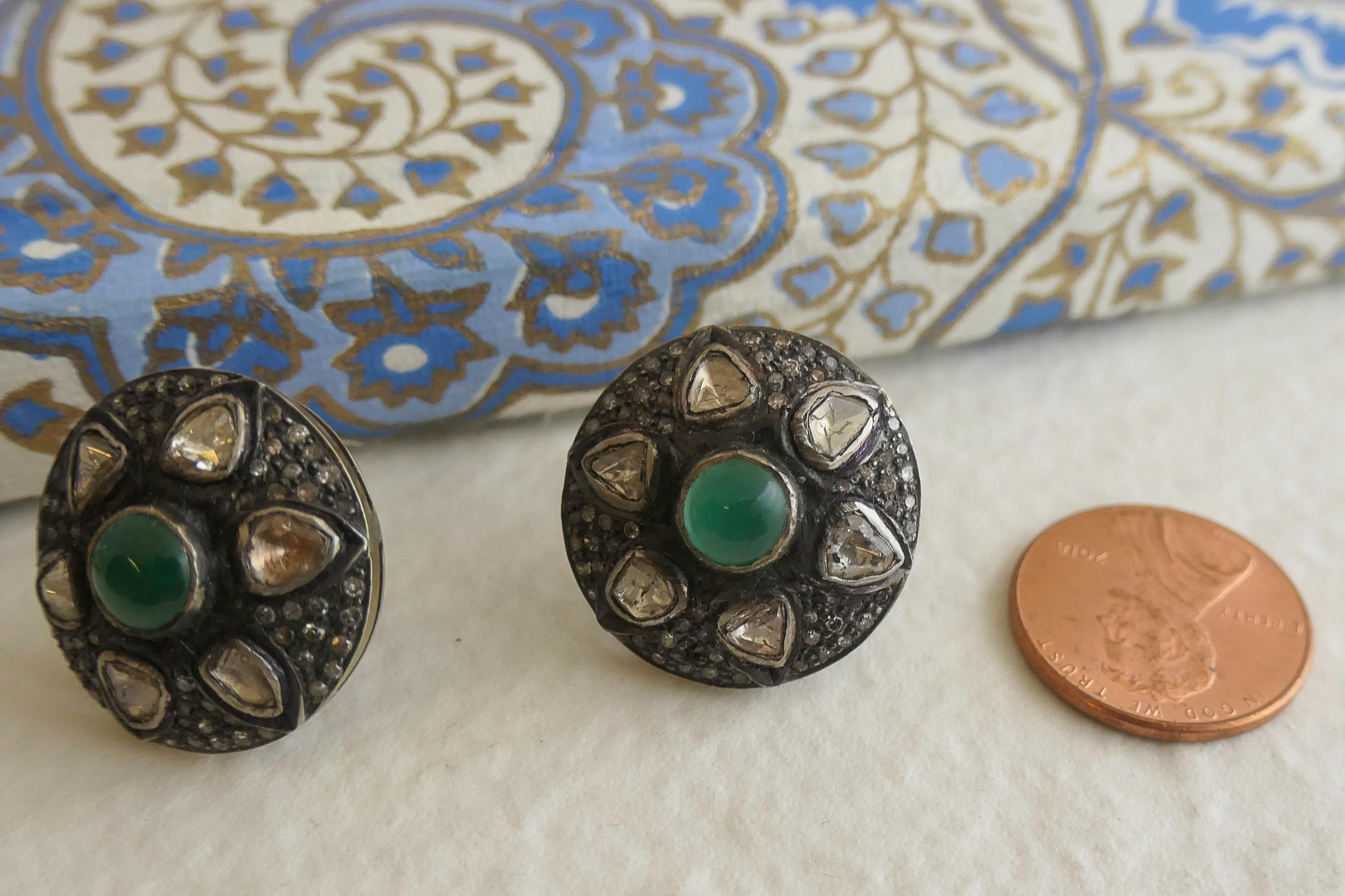 Emerald and Diamond Slice Stud Sterling Silver Earrings For Sale 2