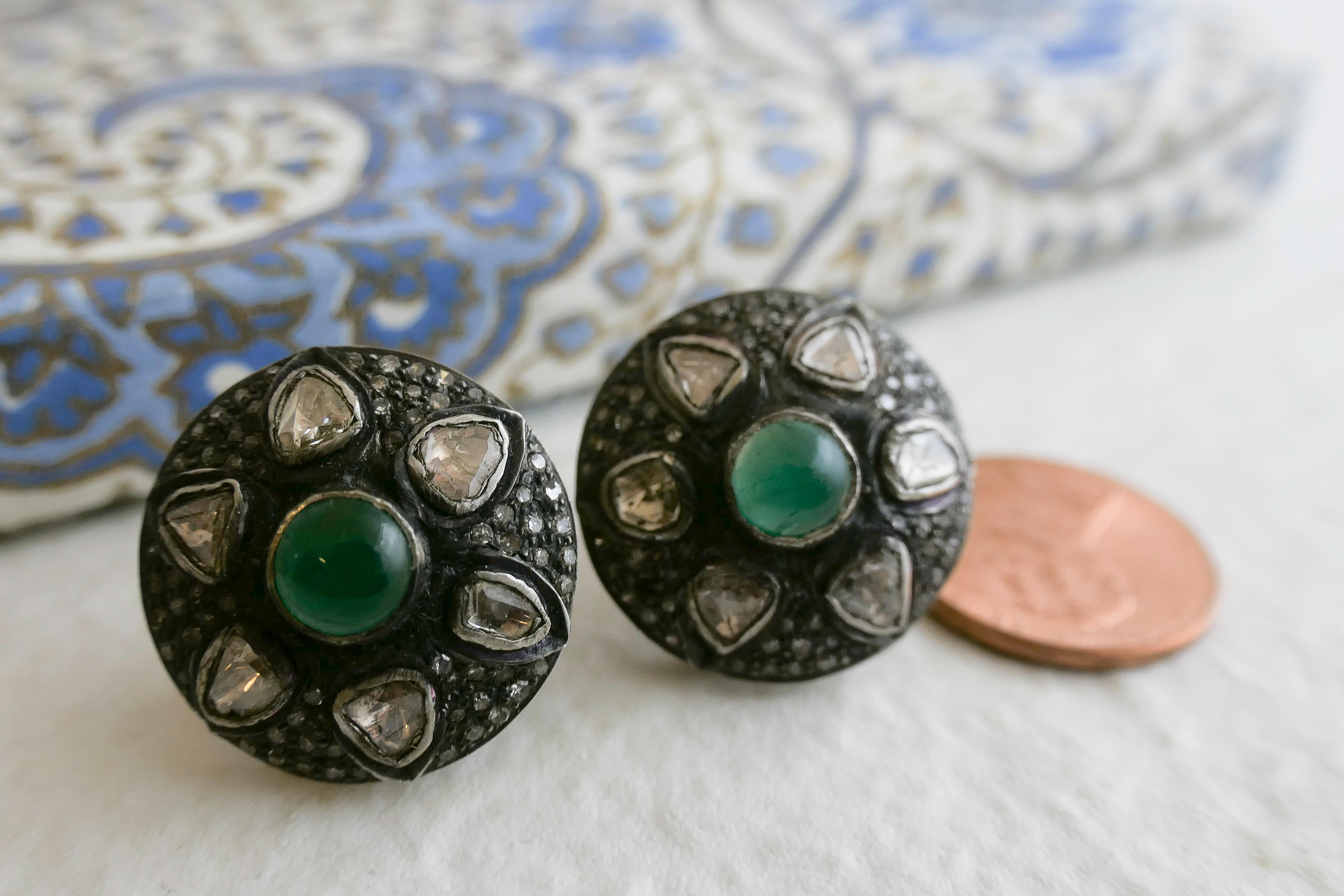 Emerald and Diamond Slice Stud Sterling Silver Earrings For Sale 3