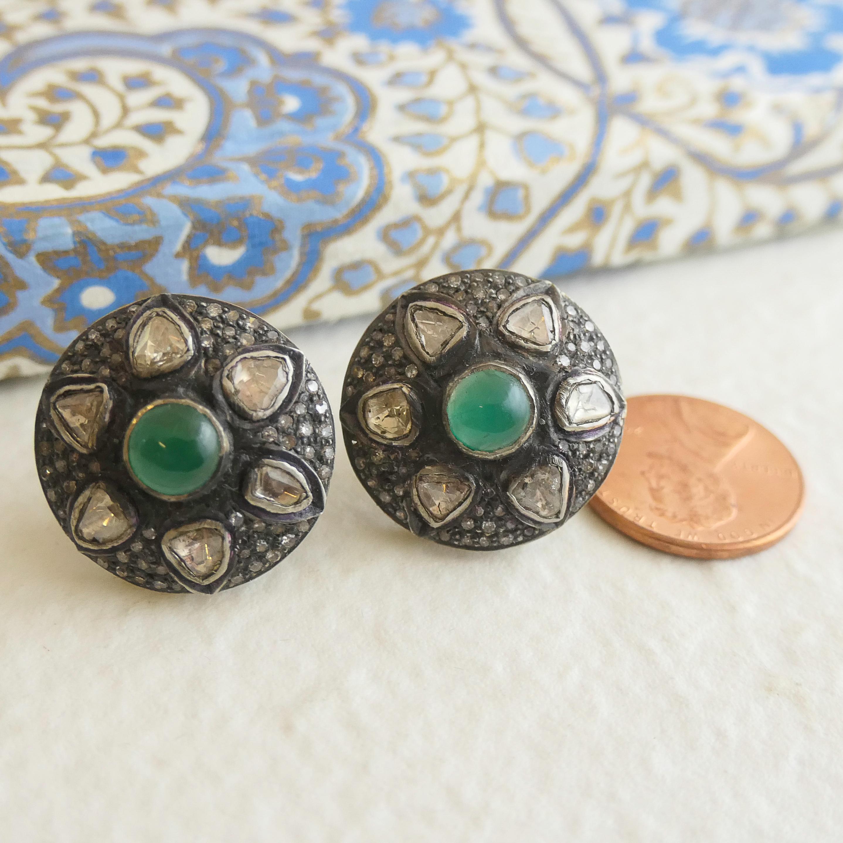 Emerald and Diamond Slice Stud Sterling Silver Earrings For Sale 4