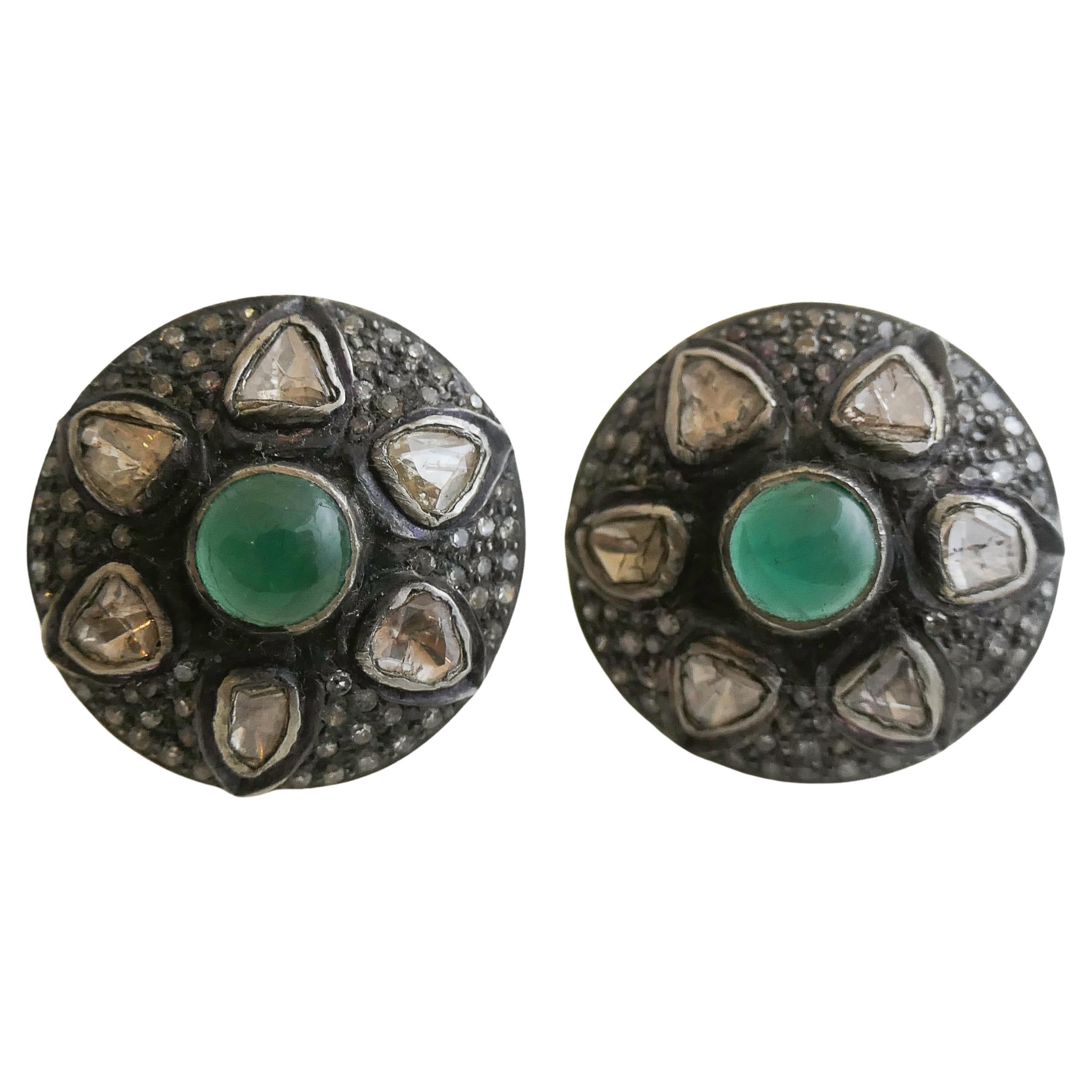 Emerald and Diamond Slice Stud Sterling Silver Earrings