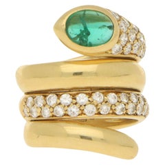 Emerald and Diamond Snake Ring in 18K Yellow Gold