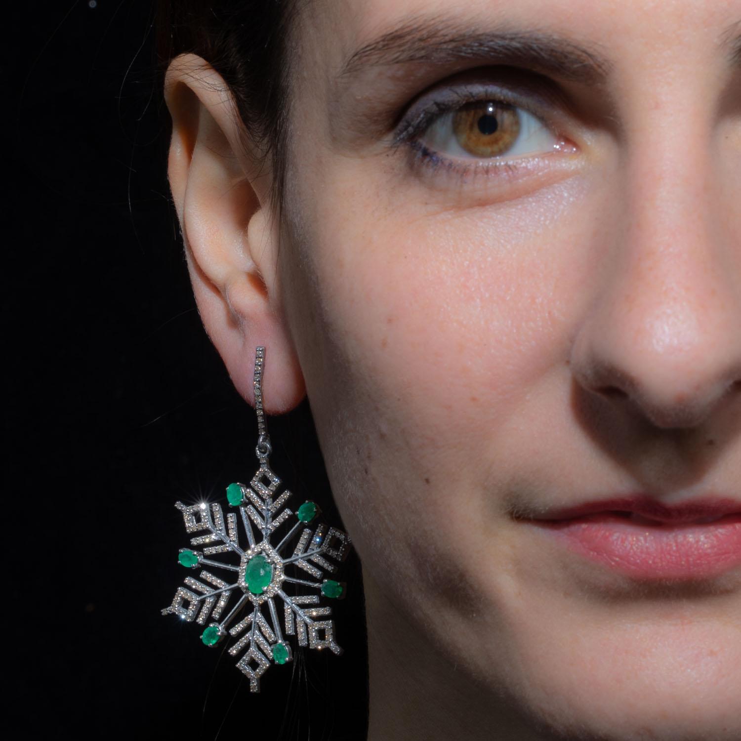 Oval Cut Emerald and Diamond Snowflake Dangle Chandelier Earrings