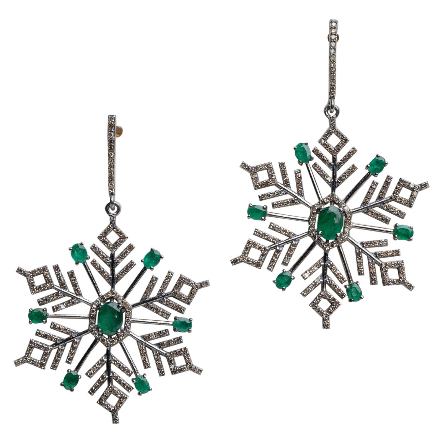 Emerald and Diamond Snowflake Dangle Chandelier Earrings