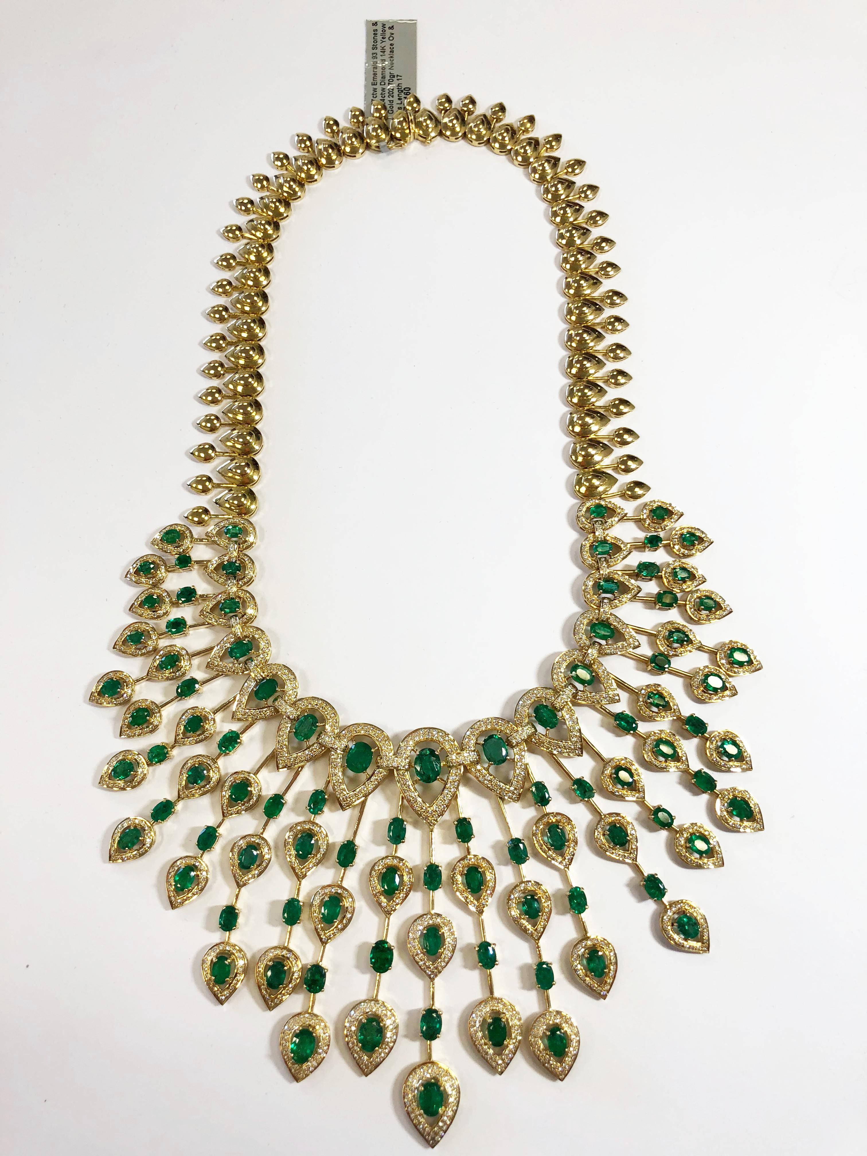 Women's or Men's Emerald and Diamond Spray Necklace in 14 Karat Yellow Gold