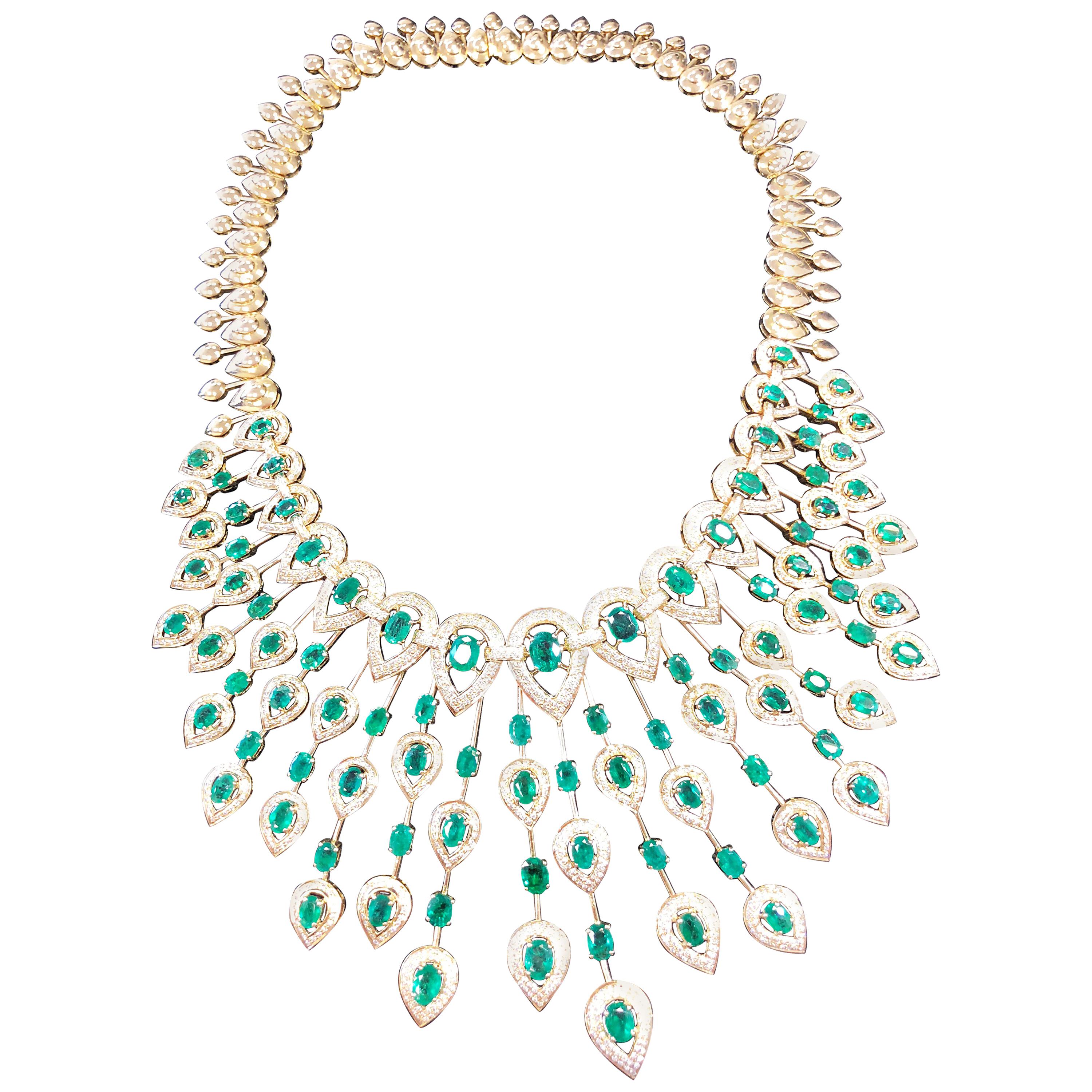 Emerald and Diamond Spray Necklace in 14 Karat Yellow Gold