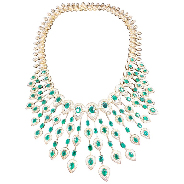 Emerald and Diamond Spray Necklace in 14 Karat Yellow Gold at 1stdibs