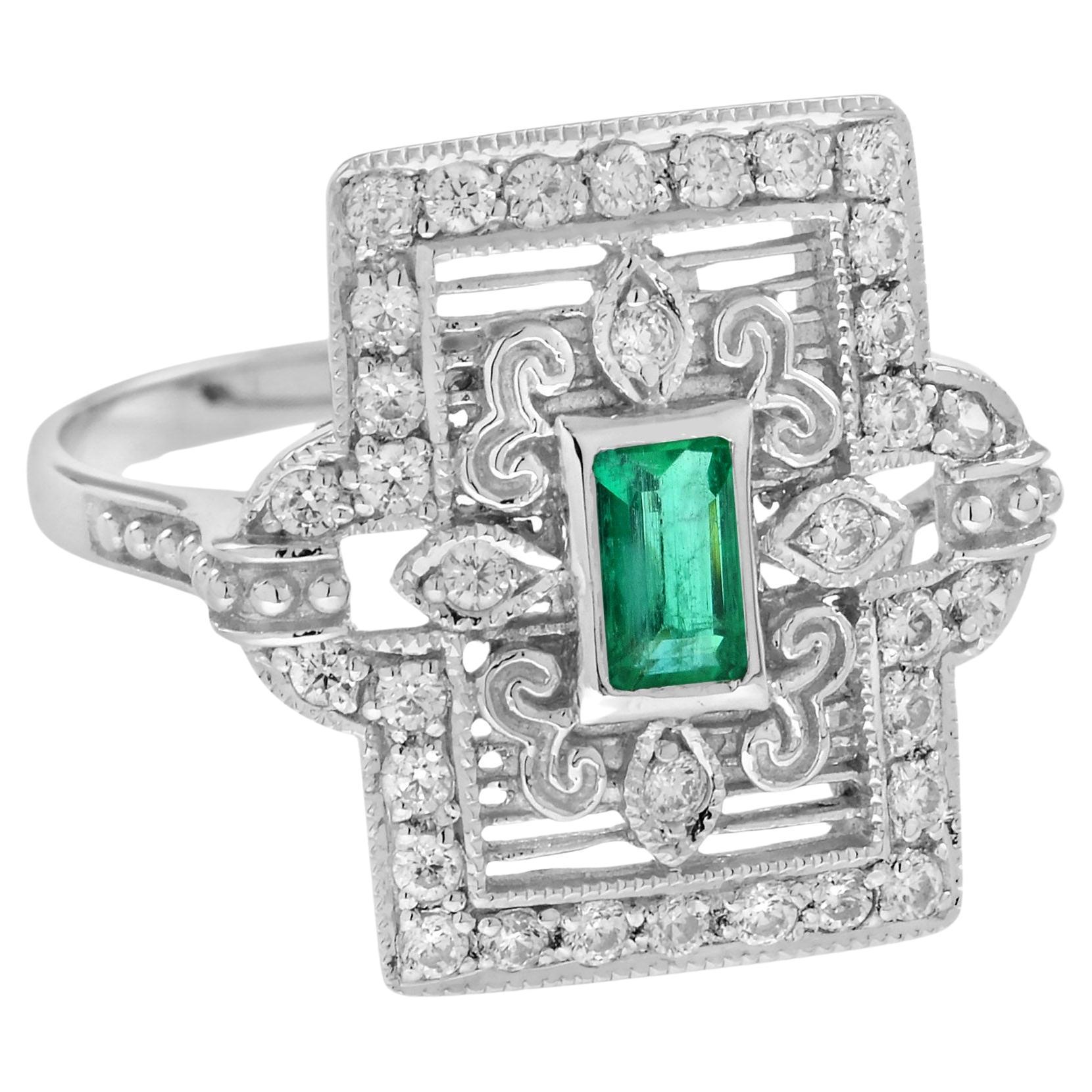 For Sale:  Emerald and Diamond Square Shape Art Deco Style Ring in 9K White Gold