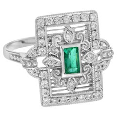 Emerald and Diamond Square Shape Art Deco Style Ring in 9K White Gold