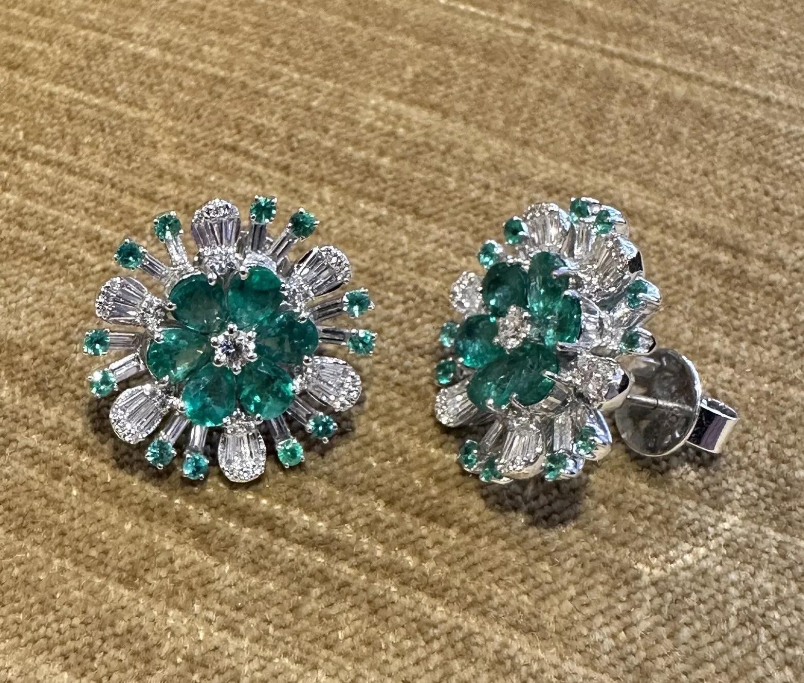 Pear Cut Emerald and Diamond Starburst Earrings in 18k White Gold For Sale