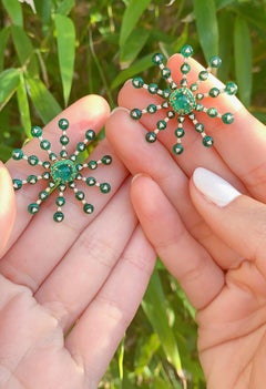Emerald and Diamond Starburst Style Earrings in 18kt Yellow Gold